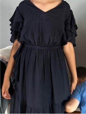 Navy Midi Dress with Ruffle Sleeves